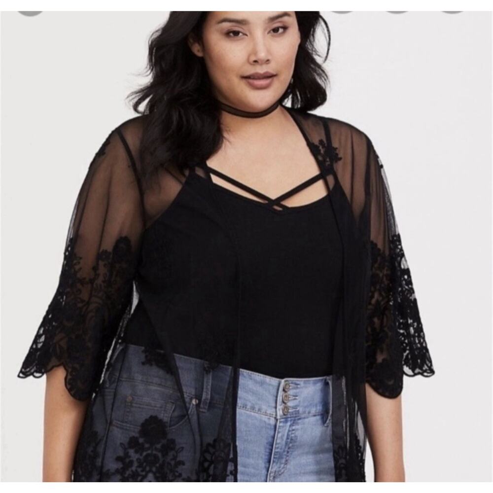 Maurices Black Sheer Mesh Embroidered Kimono Coverup 3/4 Sleeve Sz L Whimsygoth